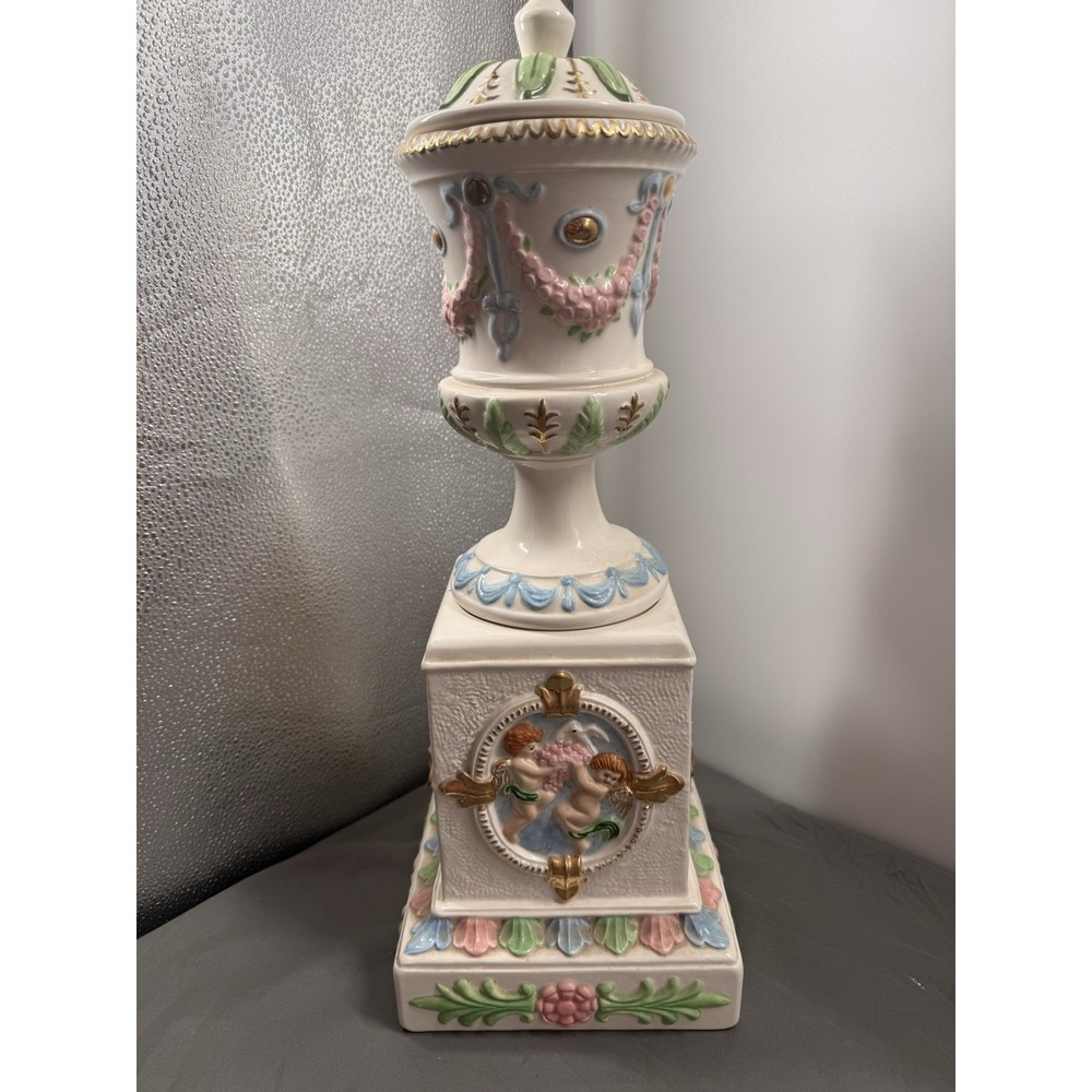 Vintage Otagiri Japan Lidded Pedestal Urn Cherub Trinket Jar Pastel Gold Decor